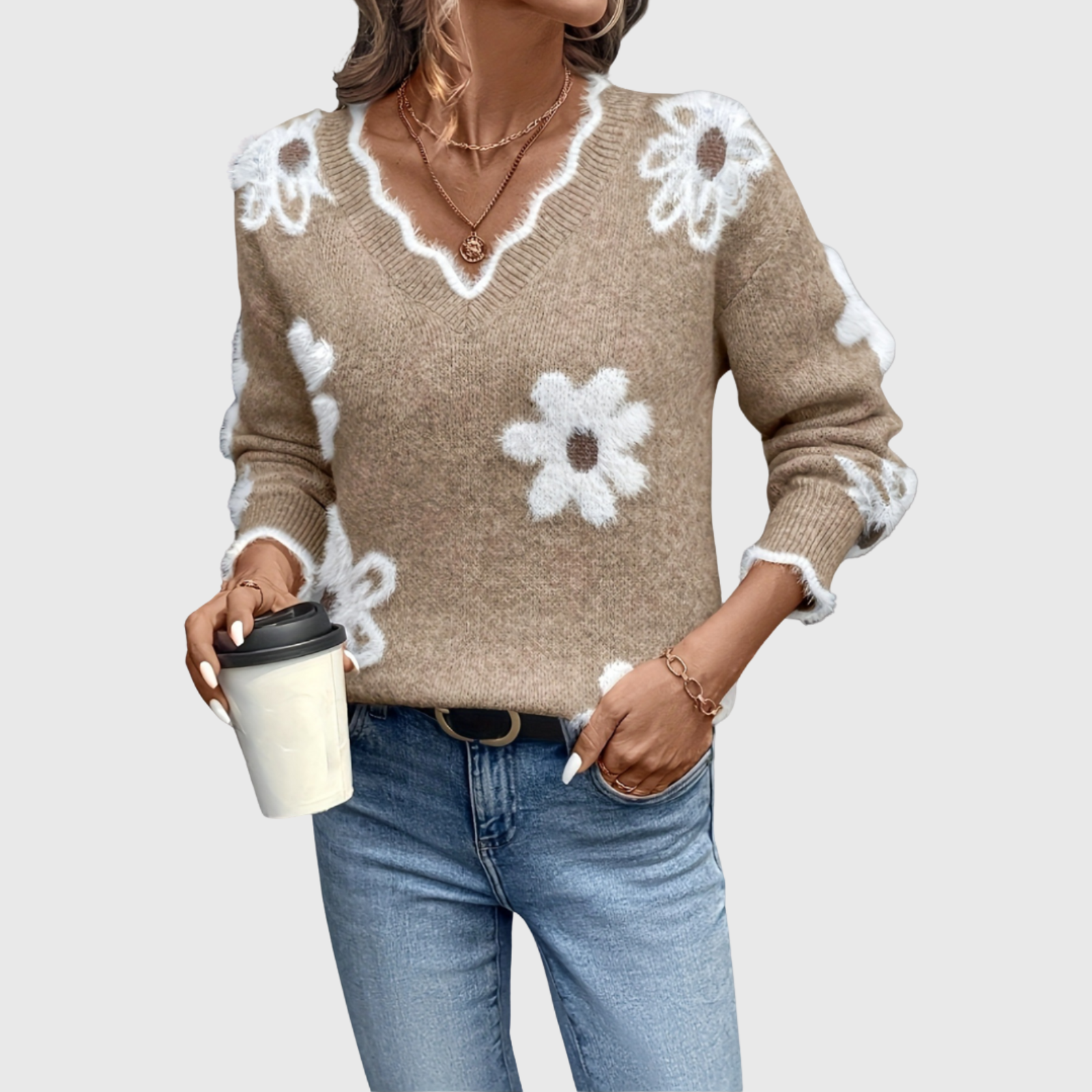 Barbara™ | Elegant V-Neck Floral Sweater