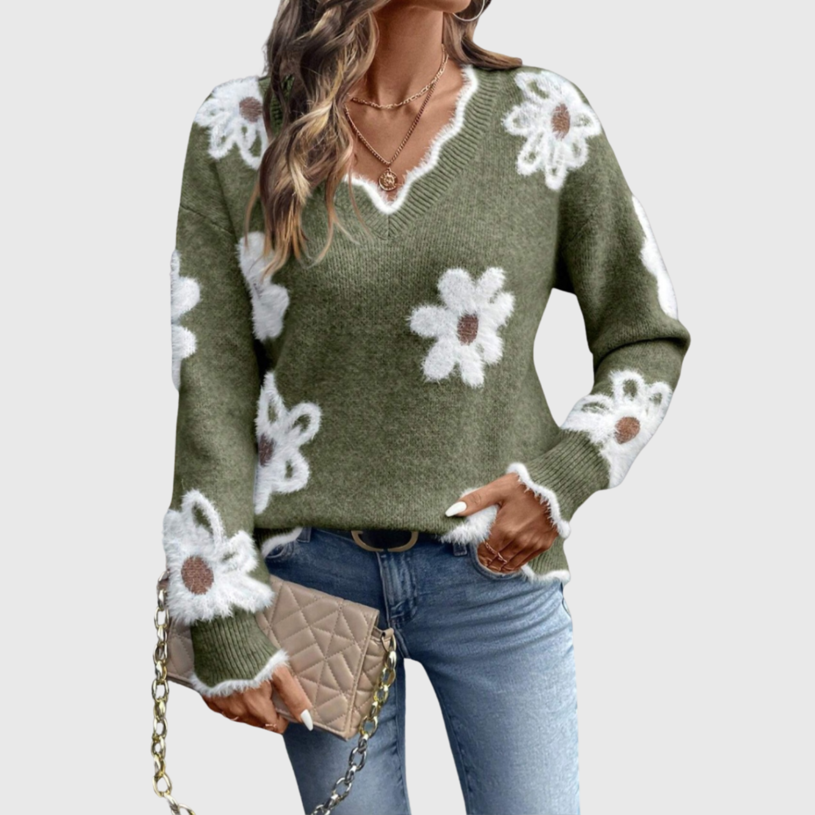 Barbara™ | Elegant V-Neck Floral Sweater