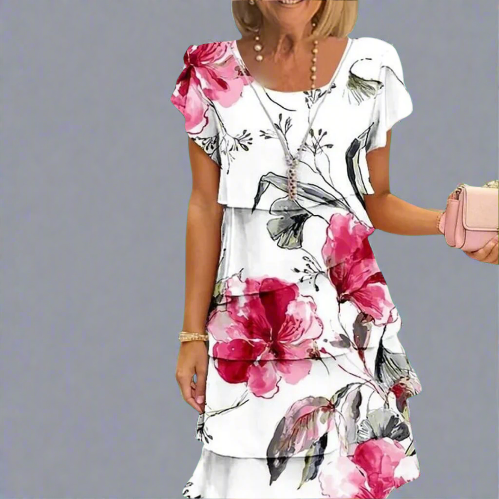 Sable | Floral Print Crew Neck Tiered Pleated Dress