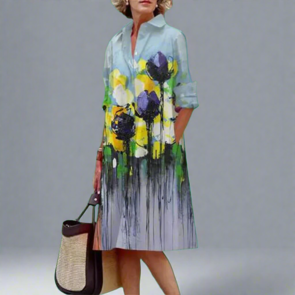 Rumi | Women’s Crushed Floral Long Sleeve Lapel Midi Dress