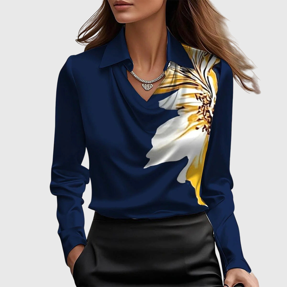 Karen | Blouse with Luxurious Shine and Pleated Collar