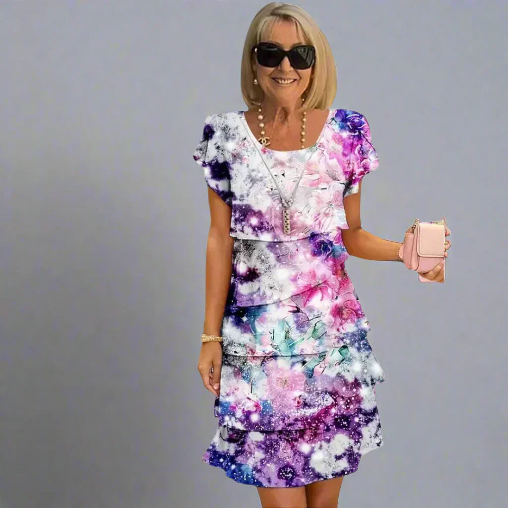 Sable | Floral Print Crew Neck Tiered Pleated Dress